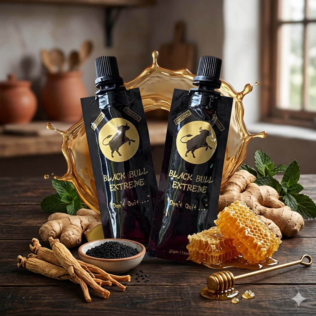 Two Black Bull Extreme packets on a wooden table with herbs and honeycomb.