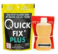 Quick Fix Plus kit contents: 3oz urine bottle, heating pad, temp strip, rubber band and instructions