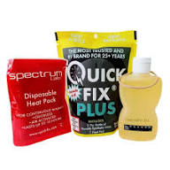 Quick Fix Plus kit contents: 3oz urine bottle, heating pad, temp strip, rubber band and instructions