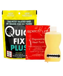 Quick Fix Plus kit contents: 3oz urine bottle, heating pad, temp strip, rubber band and instructions